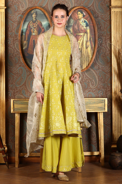 W for Woman Green Glitter Printed Embellished Sleeveless Flared Kurta, Culottes And Embroidered Dupatta Set