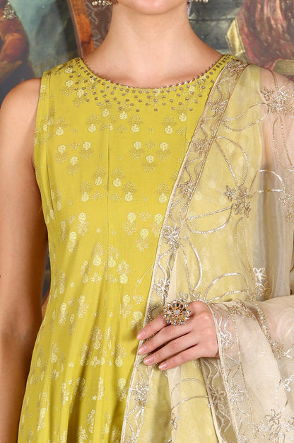 W for Woman Green Glitter Printed Embellished Sleeveless Flared Kurta, Culottes And Embroidered Dupatta Set