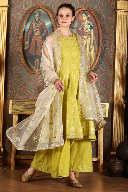 W for Woman Green Glitter Printed Embellished Sleeveless Flared Kurta, Culottes And Embroidered Dupatta Set