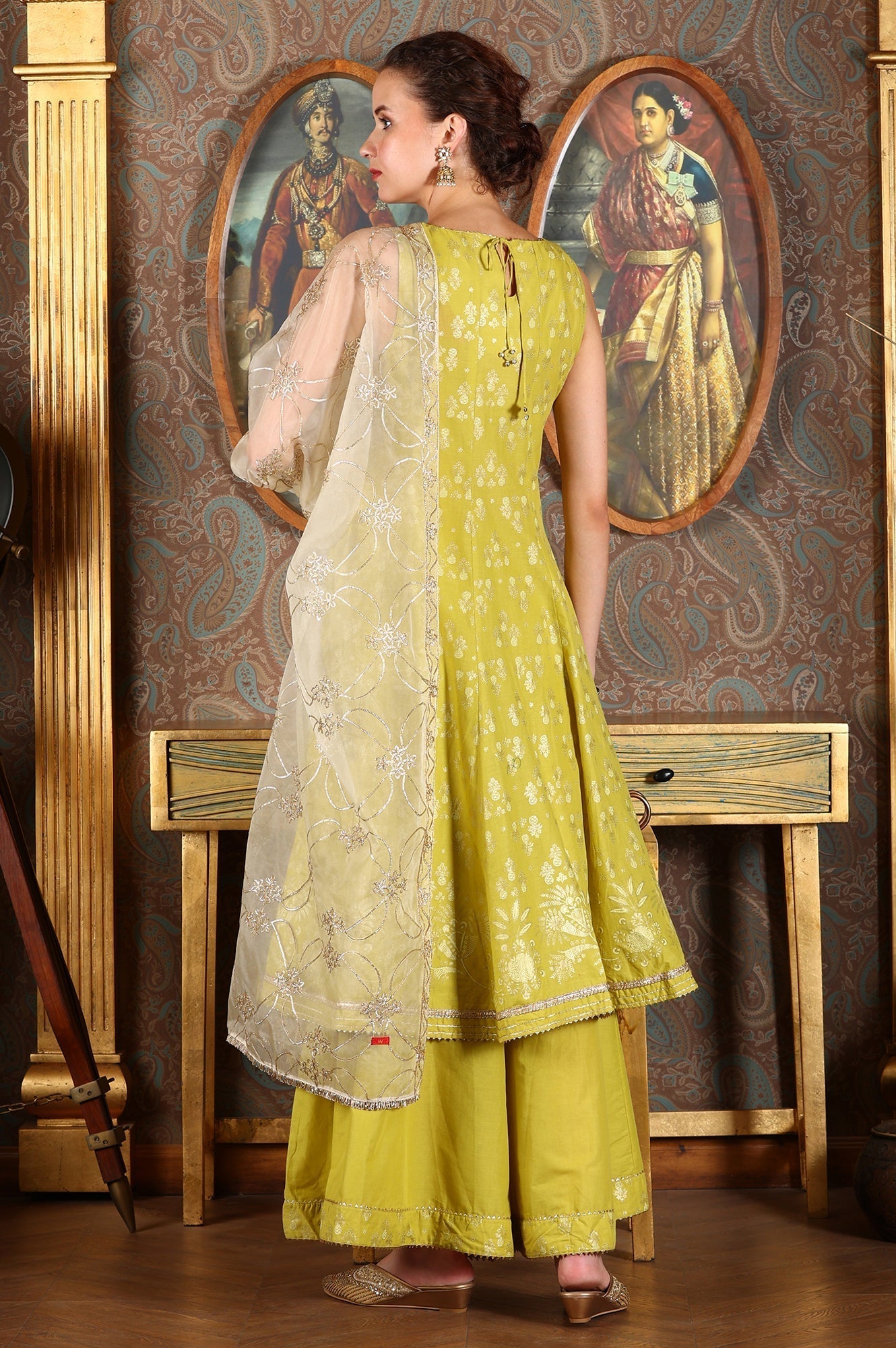 W for Woman Green Glitter Printed Embellished Sleeveless Flared Kurta, Culottes And Embroidered Dupatta Set