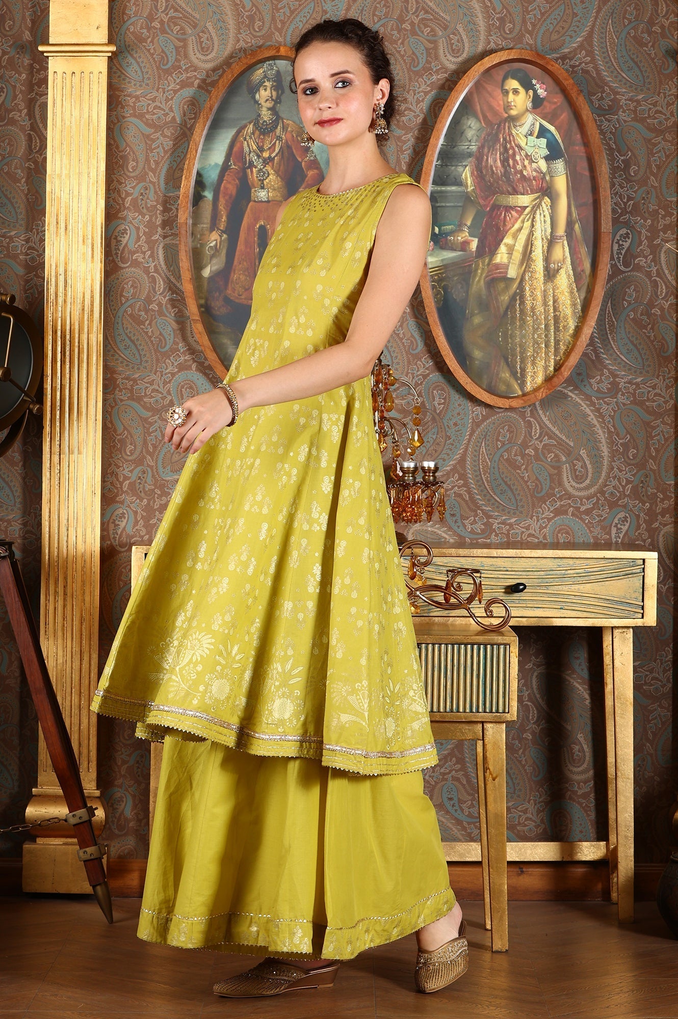 W for Woman Green Glitter Printed Embellished Sleeveless Flared Kurta, Culottes And Embroidered Dupatta Set