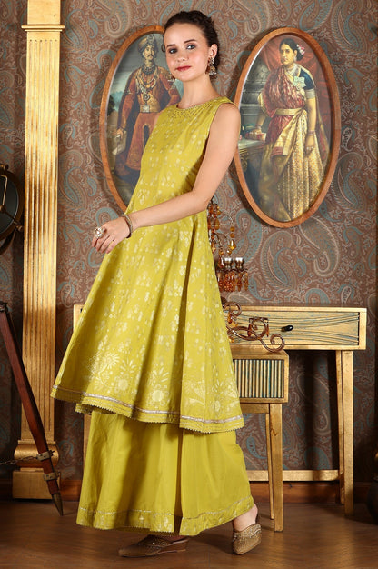 W for Woman Green Glitter Printed Embellished Sleeveless Flared Kurta, Culottes And Embroidered Dupatta Set