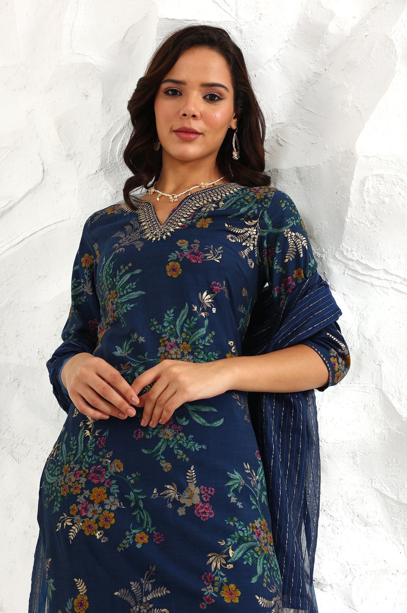 W for Woman Royal Blue Foil Floral Printed Vicuna Crepe Straight Kurta And Pants Set With Dupatta