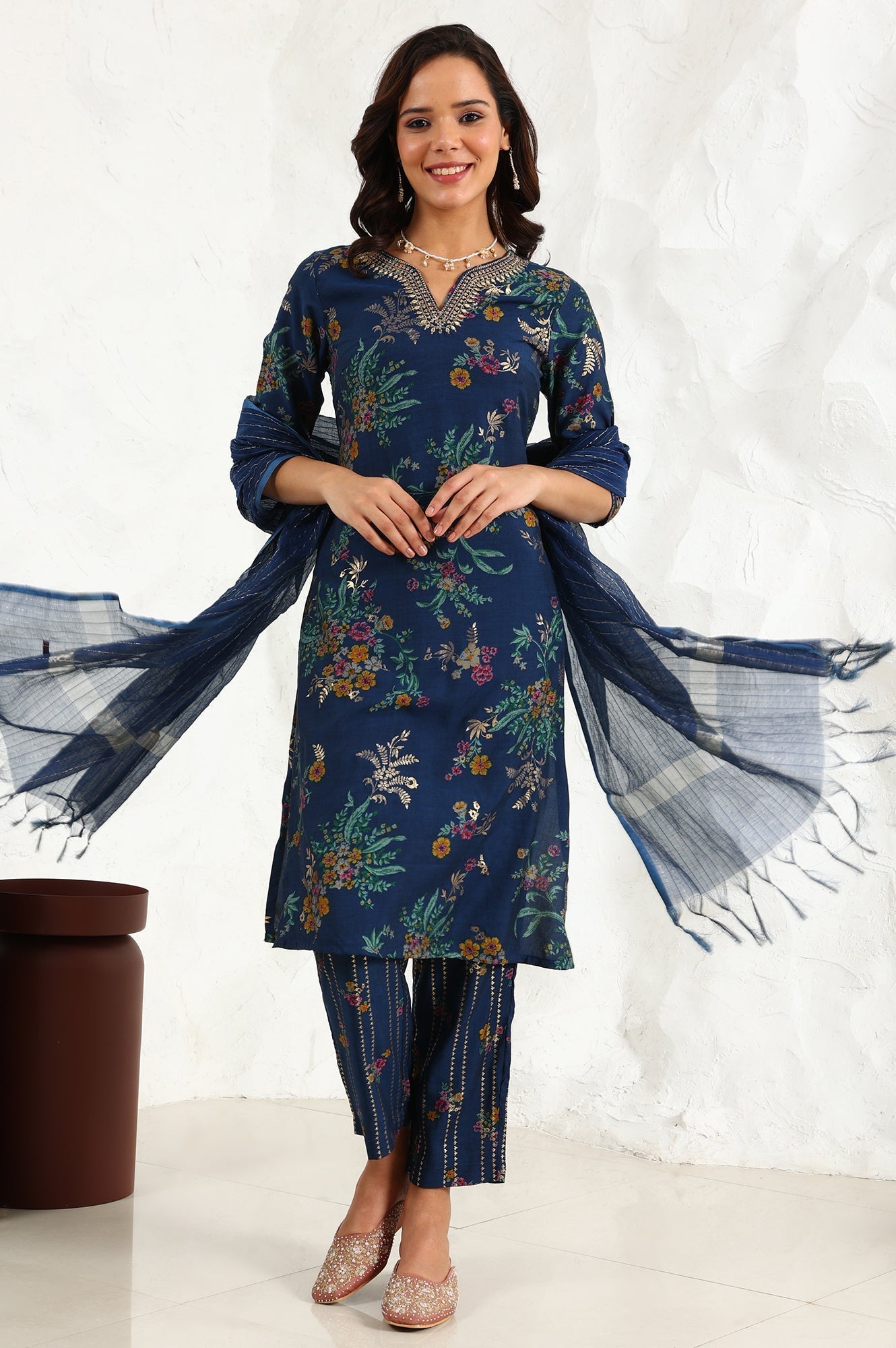 W for Woman Royal Blue Foil Floral Printed Vicuna Crepe Straight Kurta And Pants Set With Dupatta