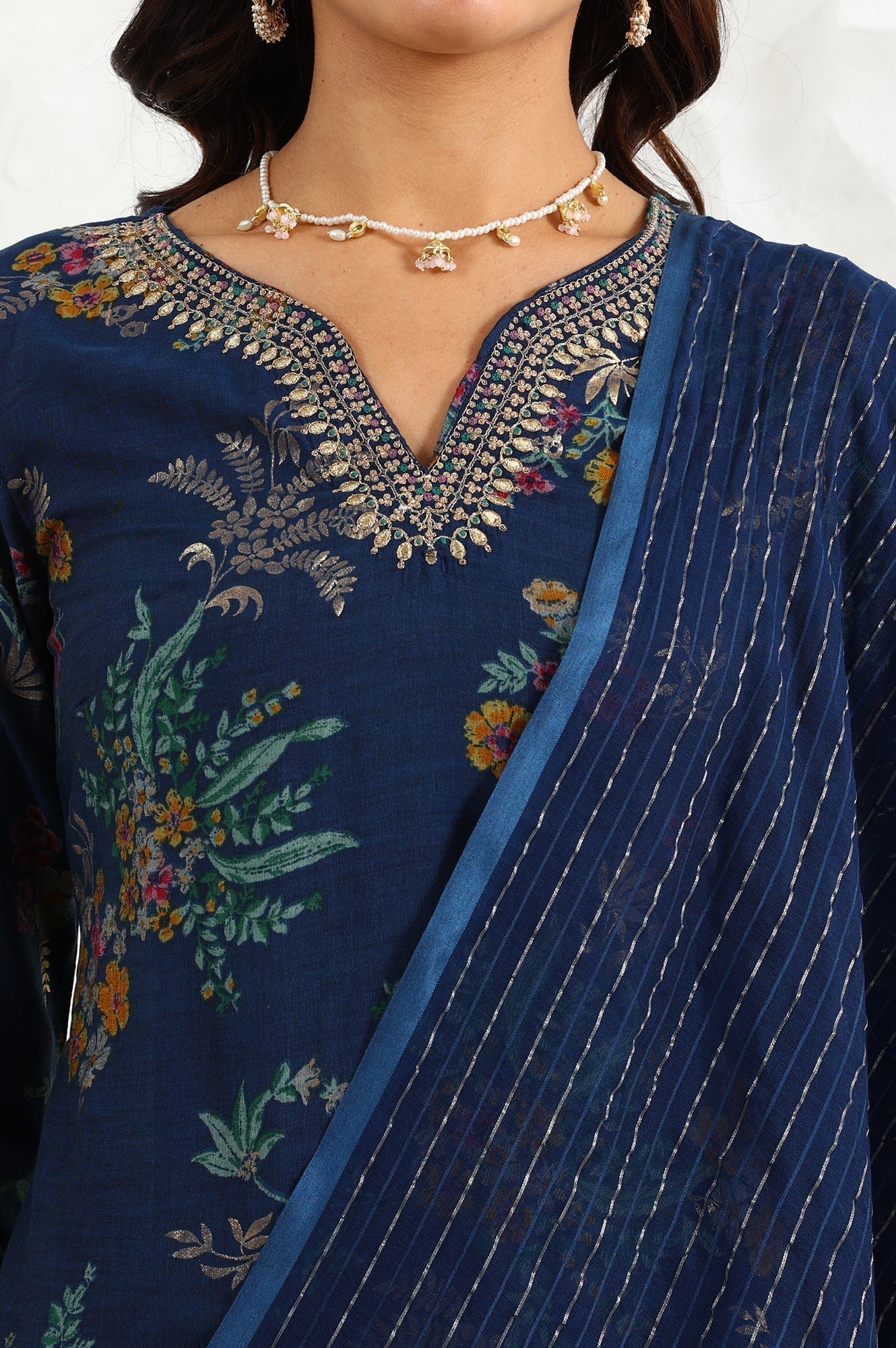 W for Woman Royal Blue Foil Floral Printed Vicuna Crepe Straight Kurta And Pants Set With Dupatta