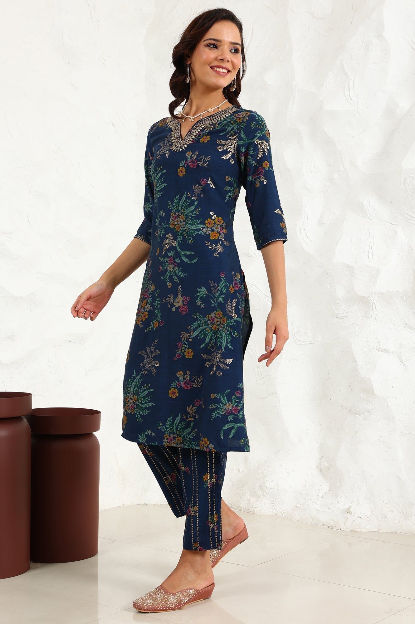 W for Woman Royal Blue Foil Floral Printed Vicuna Crepe Straight Kurta And Pants Set With Dupatta