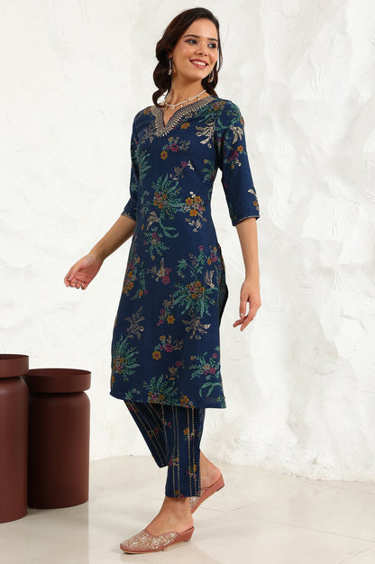 W for Woman Royal Blue Foil Floral Printed Vicuna Crepe Straight Kurta And Pants Set With Dupatta