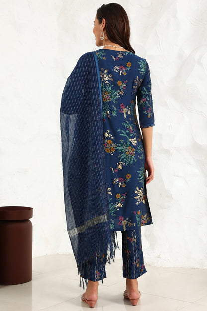 W for Woman Royal Blue Foil Floral Printed Vicuna Crepe Straight Kurta And Pants Set With Dupatta