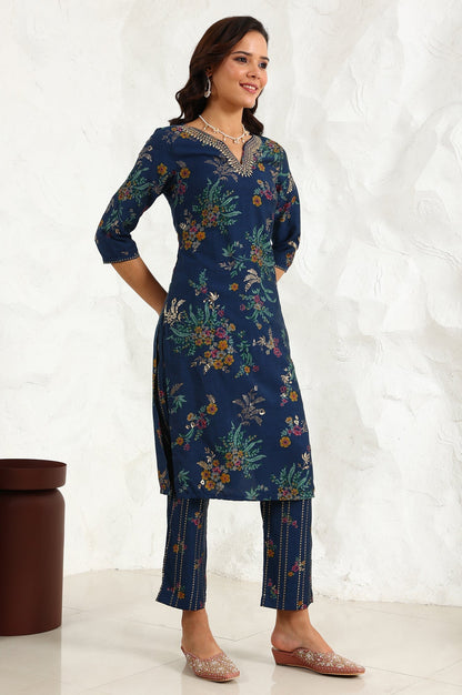 W for Woman Royal Blue Foil Floral Printed Vicuna Crepe Straight Kurta And Pants Set With Dupatta
