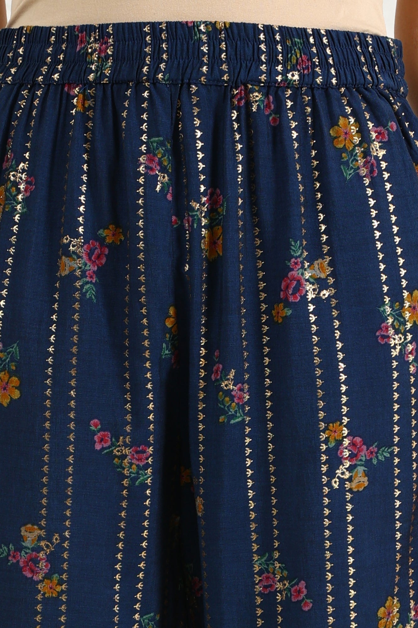 W for Woman Royal Blue Foil Floral Printed Vicuna Crepe Straight Kurta And Pants Set With Dupatta
