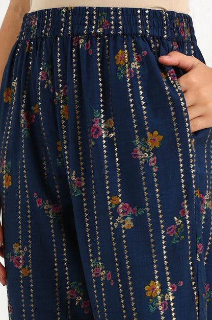 W for Woman Royal Blue Foil Floral Printed Vicuna Crepe Straight Kurta And Pants Set With Dupatta