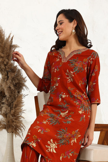 W for Woman Equestrian Red Foil Floral Printed Vicuna Crepe Straight Kurta And Pants Set