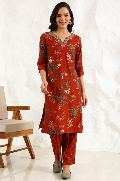 W for Woman Equestrian Red Foil Floral Printed Vicuna Crepe Straight Kurta And Pants Set
