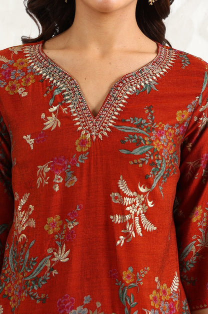 W for Woman Equestrian Red Foil Floral Printed Vicuna Crepe Straight Kurta And Pants Set