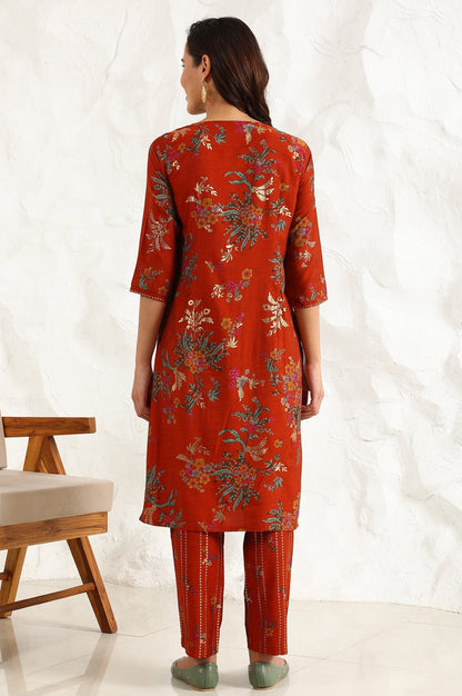 W for Woman Equestrian Red Foil Floral Printed Vicuna Crepe Straight Kurta And Pants Set