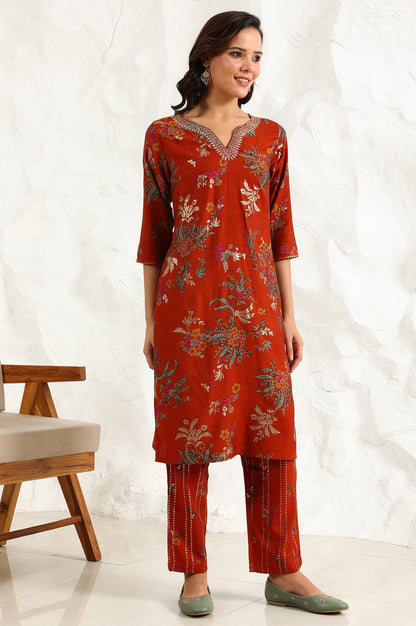 W for Woman Equestrian Red Foil Floral Printed Vicuna Crepe Straight Kurta And Pants Set