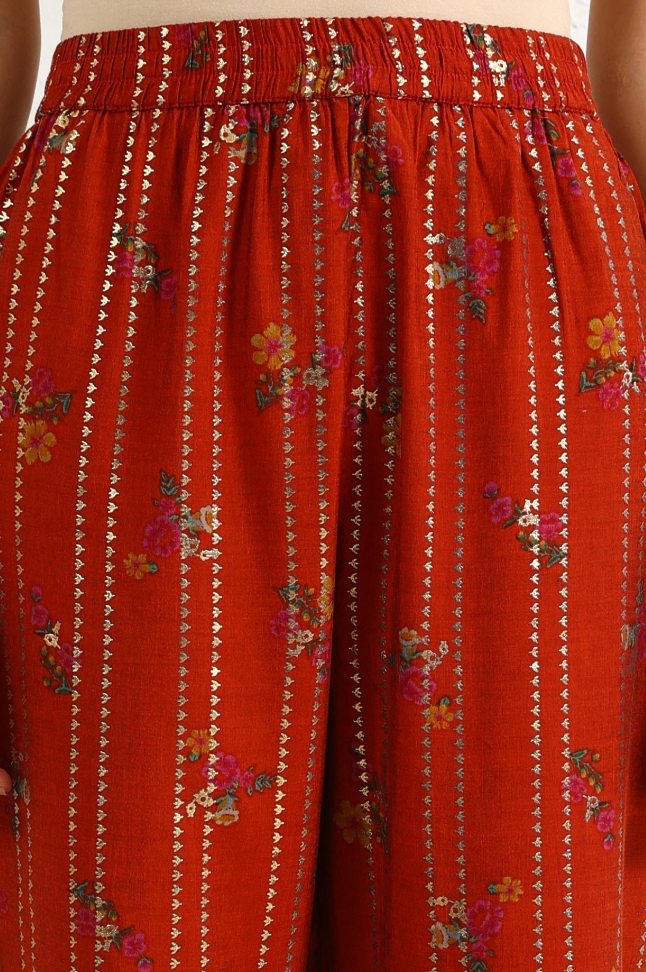 W for Woman Equestrian Red Foil Floral Printed Vicuna Crepe Straight Kurta And Pants Set