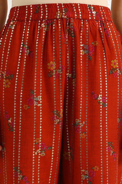 W for Woman Equestrian Red Foil Floral Printed Vicuna Crepe Straight Kurta And Pants Set