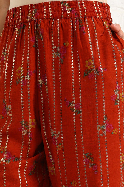 W for Woman Equestrian Red Foil Floral Printed Vicuna Crepe Straight Kurta And Pants Set