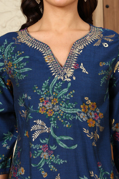 W for Woman Royal Blue Foil Floral Printed Vicuna Crepe Straight Kurta And Pants Set