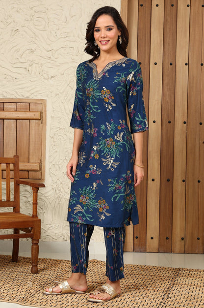 W for Woman Royal Blue Foil Floral Printed Vicuna Crepe Straight Kurta And Pants Set