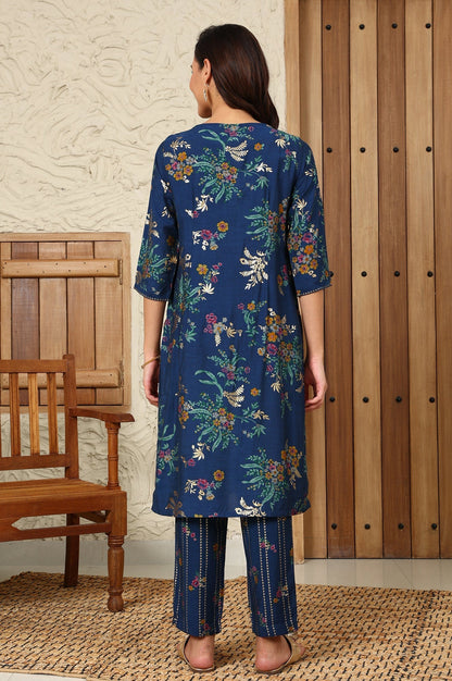 W for Woman Royal Blue Foil Floral Printed Vicuna Crepe Straight Kurta And Pants Set