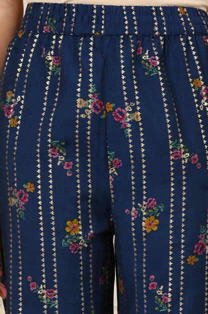 W for Woman Royal Blue Foil Floral Printed Vicuna Crepe Straight Kurta And Pants Set