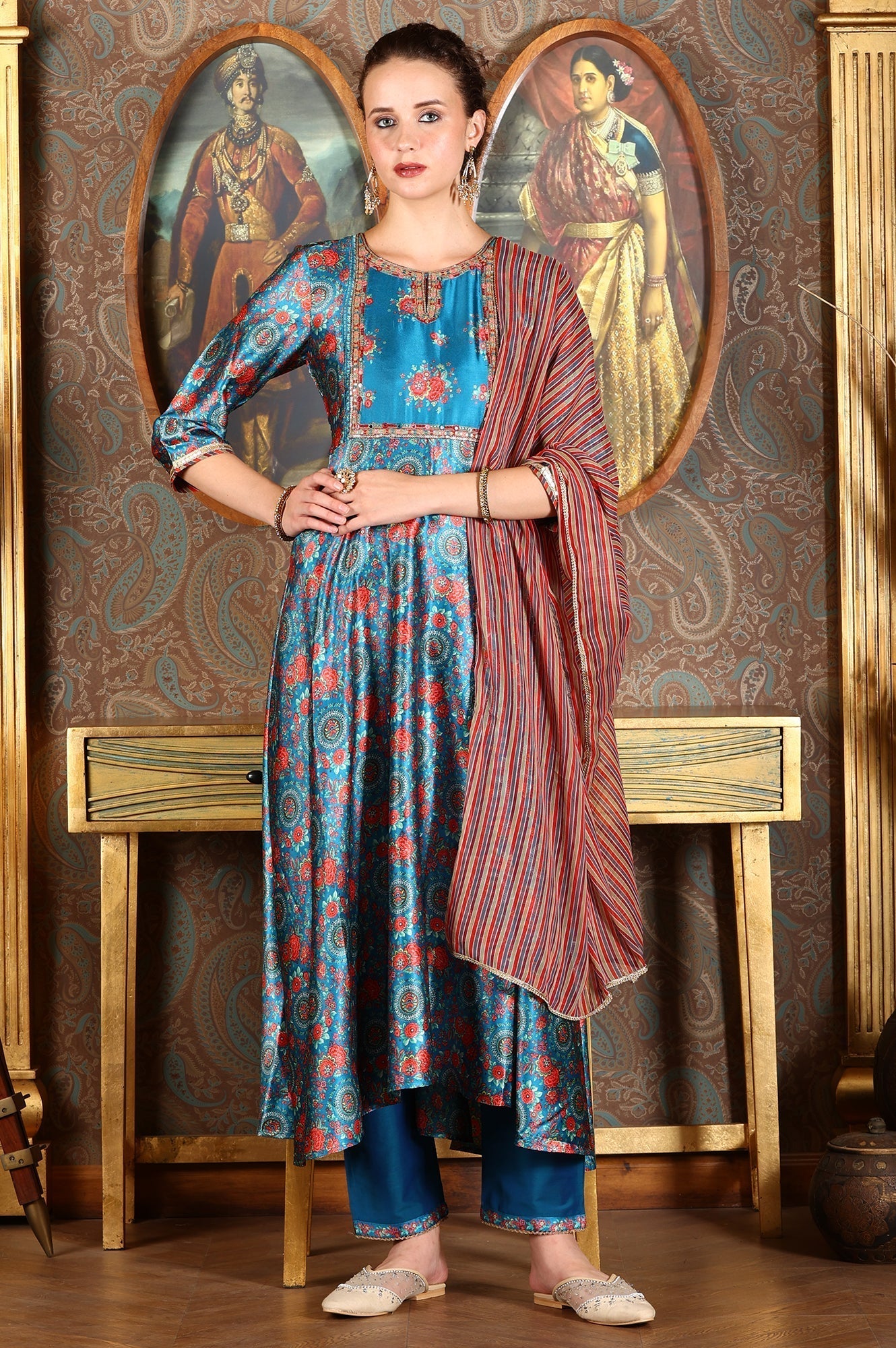 W for Woman Cerulean Blue Floral Printed Japanese Satin Kurta, Pants And Dupatta Set