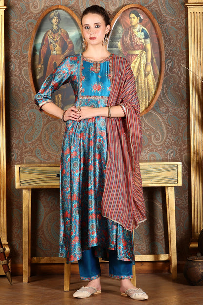 W for Woman Cerulean Blue Floral Printed Japanese Satin Kurta, Pants And Dupatta Set