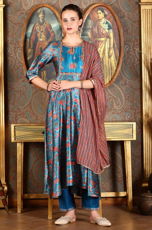 W for Woman Cerulean Blue Floral Printed Japanese Satin Kurta, Pants And Dupatta Set