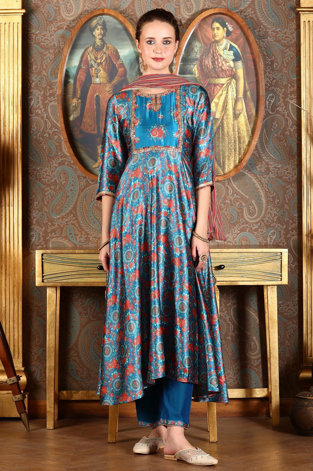 W for Woman Cerulean Blue Floral Printed Japanese Satin Kurta, Pants And Dupatta Set