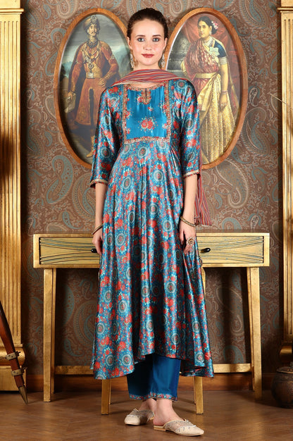 W for Woman Cerulean Blue Floral Printed Japanese Satin Kurta, Pants And Dupatta Set