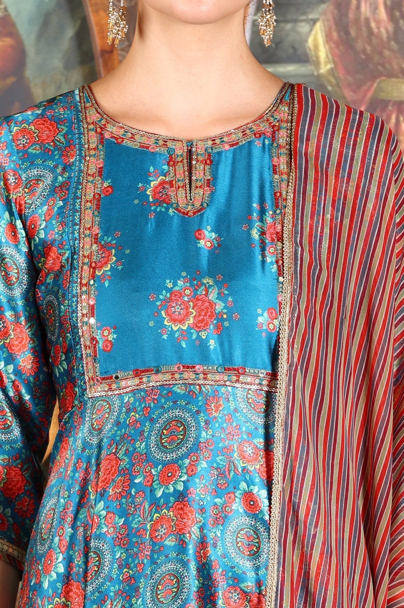 W for Woman Cerulean Blue Floral Printed Japanese Satin Kurta, Pants And Dupatta Set