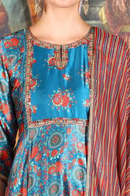 W for Woman Cerulean Blue Floral Printed Japanese Satin Kurta, Pants And Dupatta Set