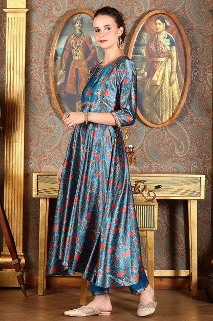 W for Woman Cerulean Blue Floral Printed Japanese Satin Kurta, Pants And Dupatta Set