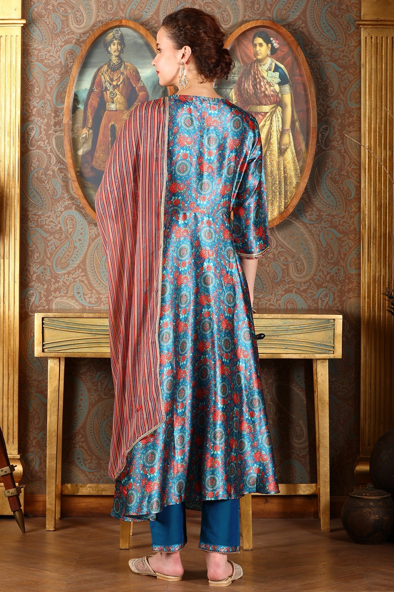 W for Woman Cerulean Blue Floral Printed Japanese Satin Kurta, Pants And Dupatta Set