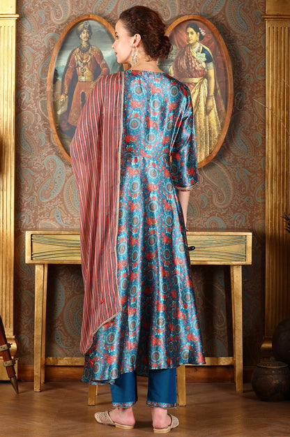 W for Woman Cerulean Blue Floral Printed Japanese Satin Kurta, Pants And Dupatta Set