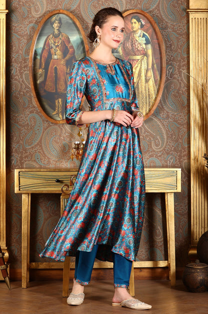 W for Woman Cerulean Blue Floral Printed Japanese Satin Kurta, Pants And Dupatta Set
