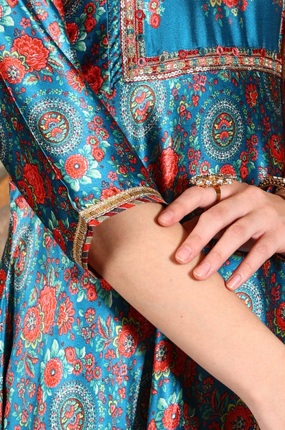 W for Woman Cerulean Blue Floral Printed Japanese Satin Kurta, Pants And Dupatta Set