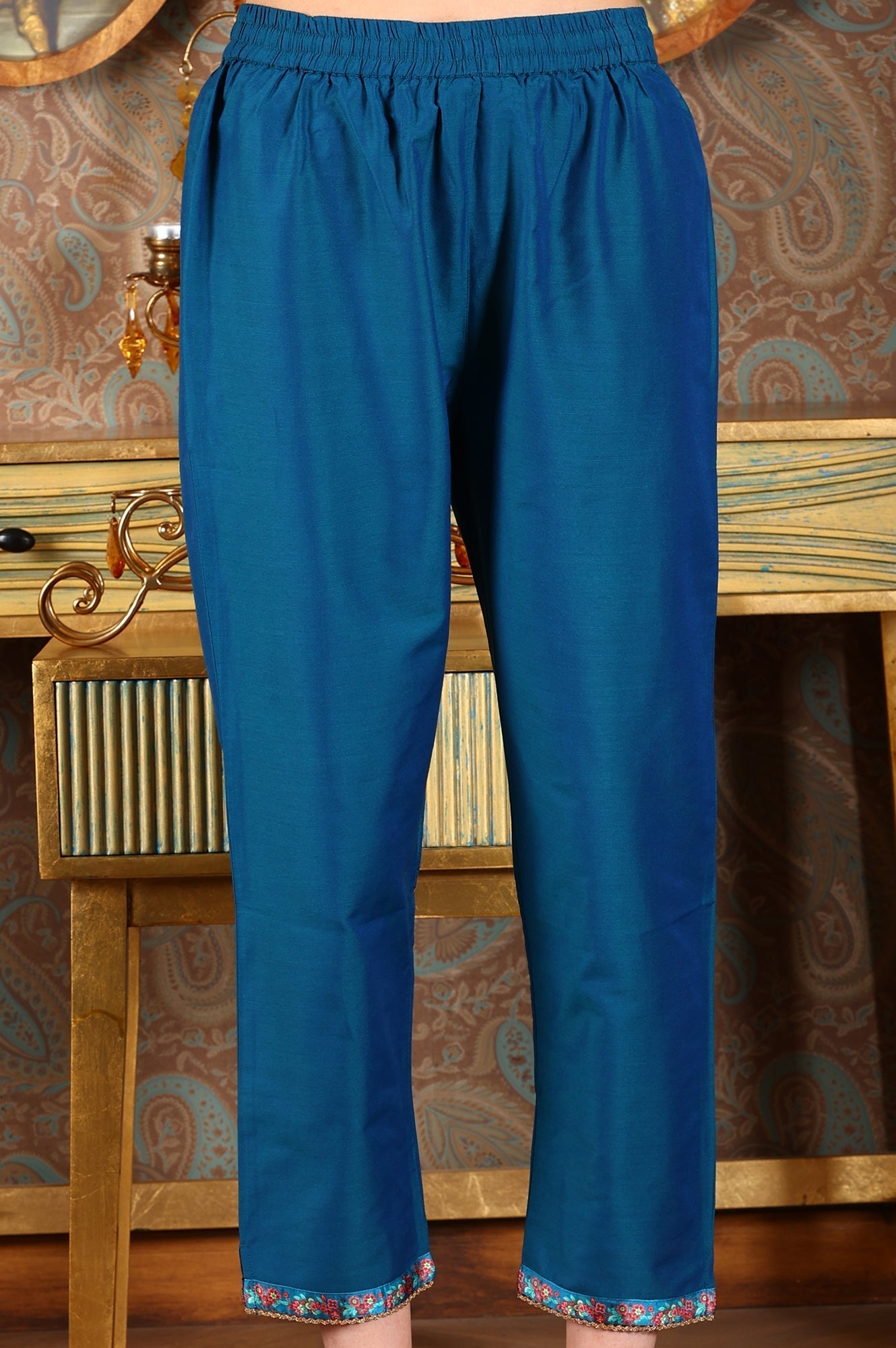 W for Woman Cerulean Blue Floral Printed Japanese Satin Kurta, Pants And Dupatta Set