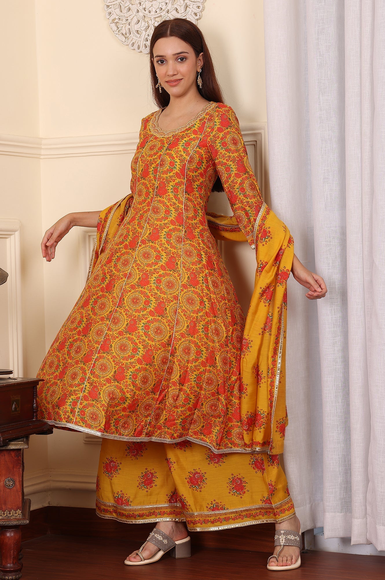 W for Woman Mustard Yellow Floral Printed Chanderi Anarkali Kurta With Embroidery, Flared Pants And Dupatta Set