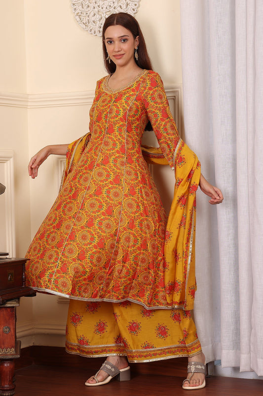 W for Woman Mustard Yellow Floral Printed Chanderi Anarkali Kurta With Embroidery, Flared Pants And Dupatta Set