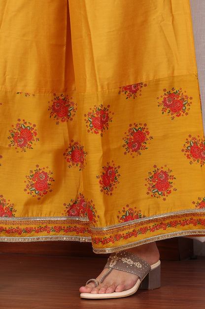 W for Woman Mustard Yellow Floral Printed Chanderi Anarkali Kurta With Embroidery, Flared Pants And Dupatta Set