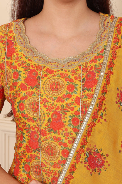 W for Woman Mustard Yellow Floral Printed Chanderi Anarkali Kurta With Embroidery, Flared Pants And Dupatta Set