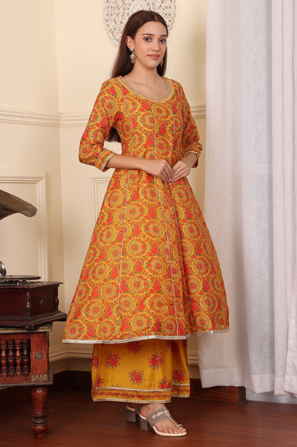 W for Woman Mustard Yellow Floral Printed Chanderi Anarkali Kurta With Embroidery, Flared Pants And Dupatta Set