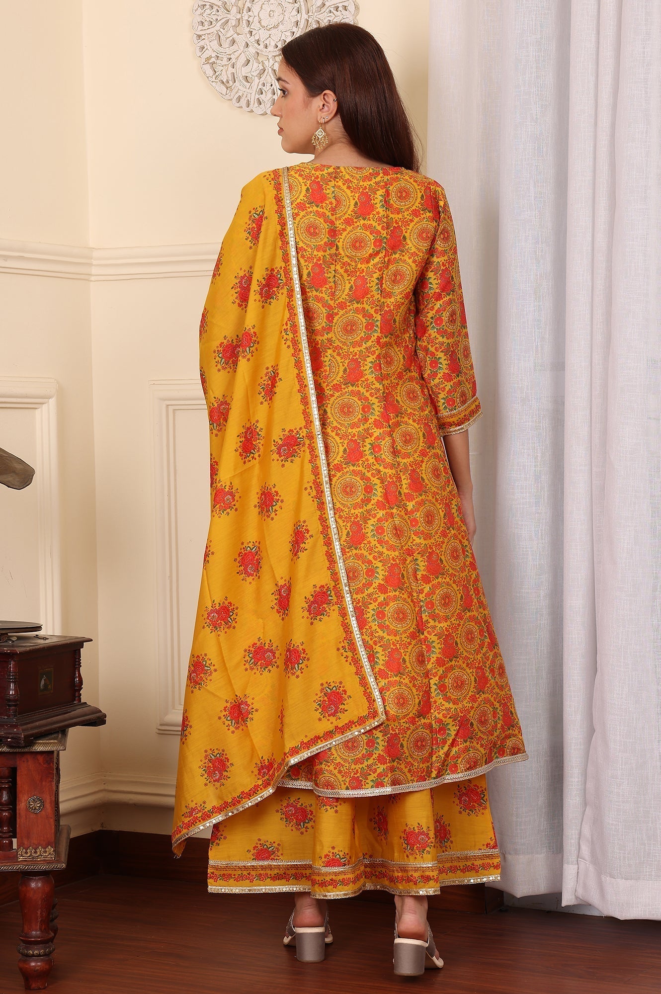 W for Woman Mustard Yellow Floral Printed Chanderi Anarkali Kurta With Embroidery, Flared Pants And Dupatta Set