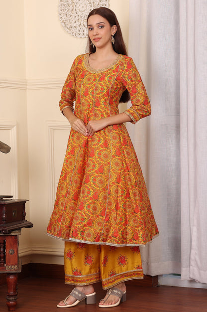 W for Woman Mustard Yellow Floral Printed Chanderi Anarkali Kurta With Embroidery, Flared Pants And Dupatta Set