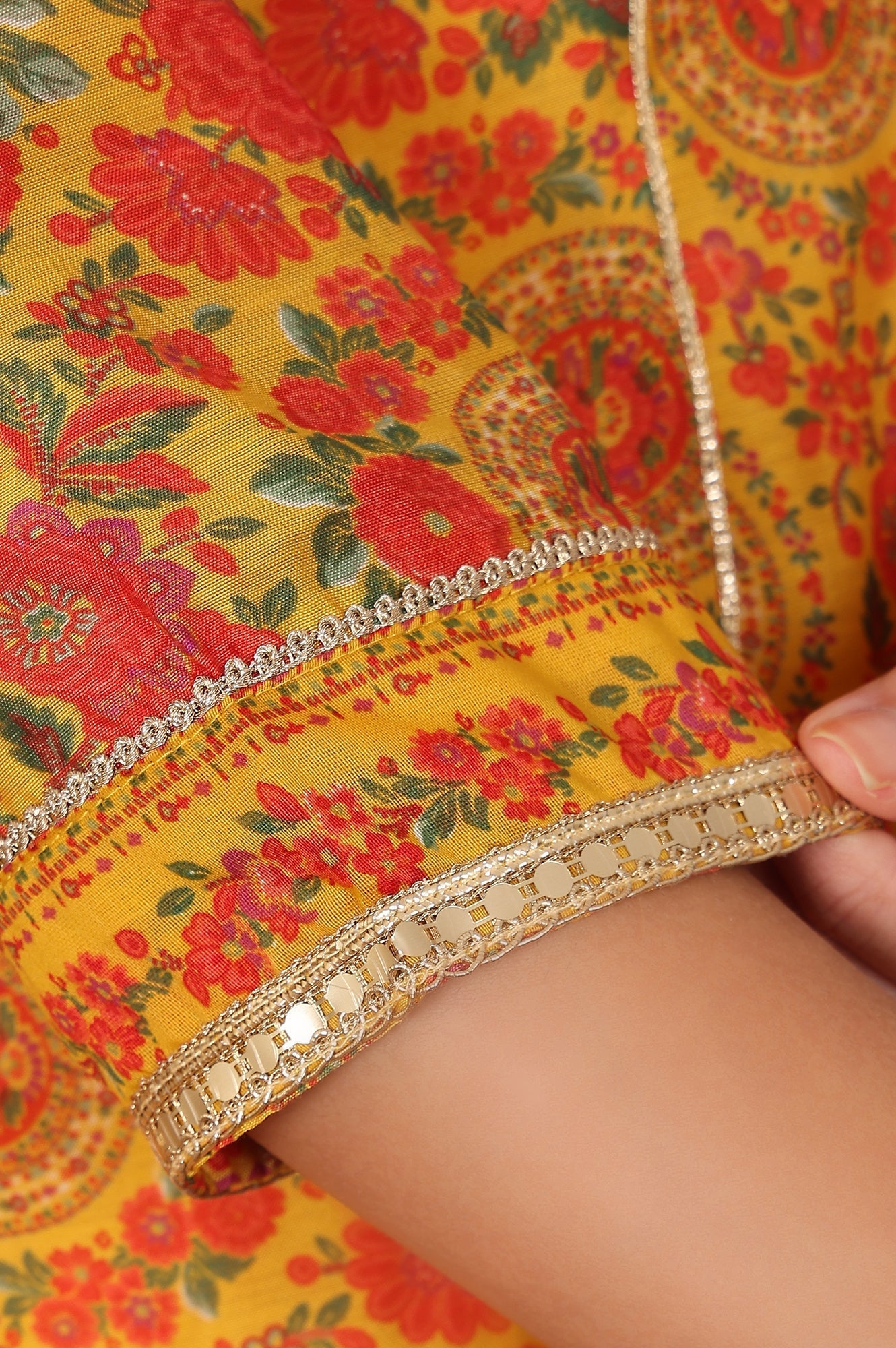 W for Woman Mustard Yellow Floral Printed Chanderi Anarkali Kurta With Embroidery, Flared Pants And Dupatta Set