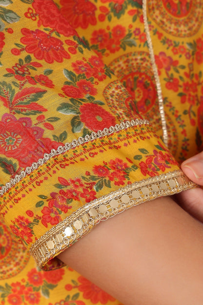 W for Woman Mustard Yellow Floral Printed Chanderi Anarkali Kurta With Embroidery, Flared Pants And Dupatta Set
