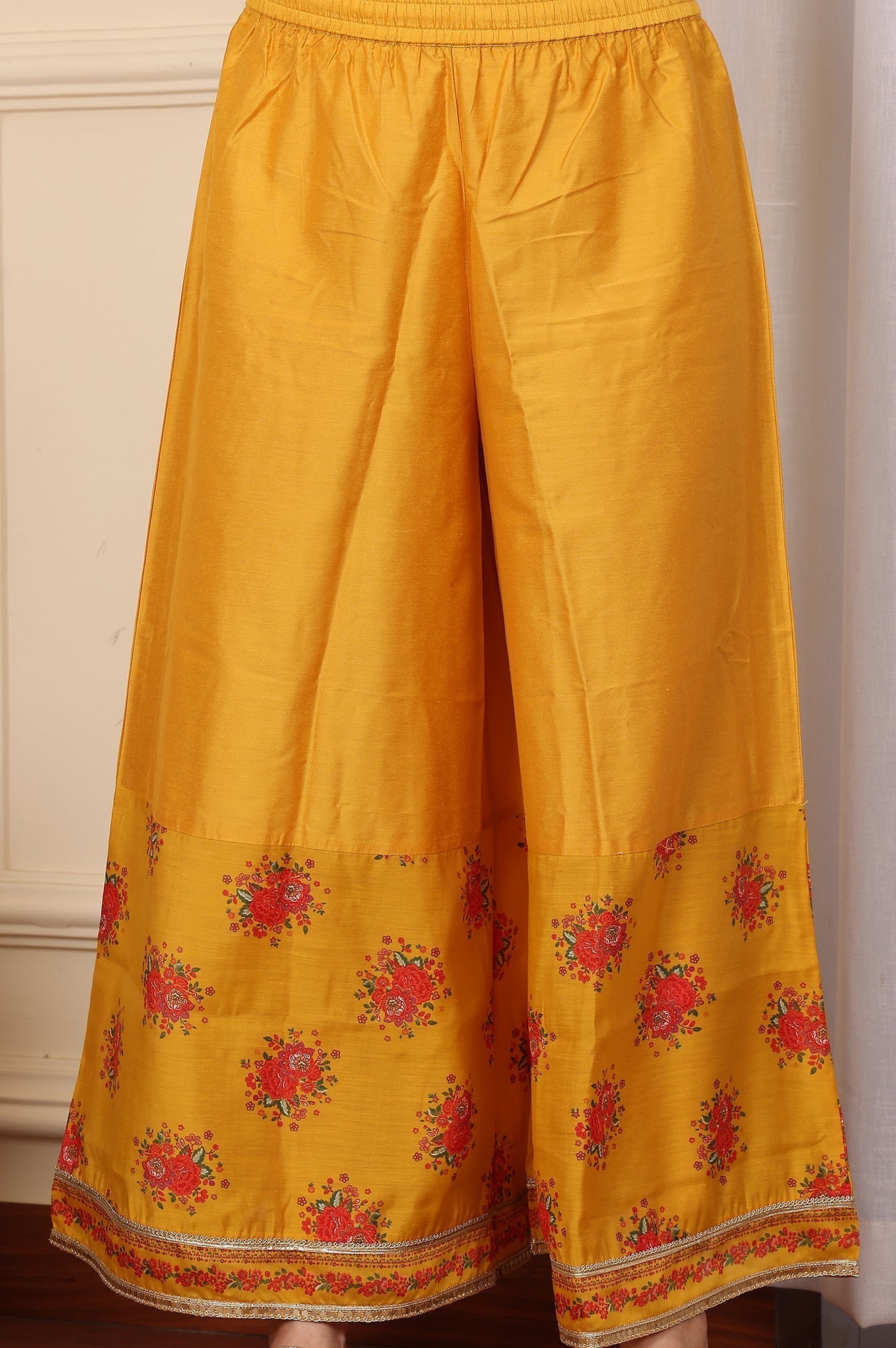 W for Woman Mustard Yellow Floral Printed Chanderi Anarkali Kurta With Embroidery, Flared Pants And Dupatta Set